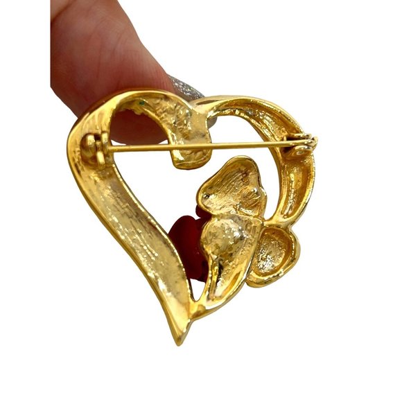 Heart Brooch Pin Gold Tone Red Ceramic Rose Clear Rhinestones Shiny Roll Tab Arm - Picture 4 of 13